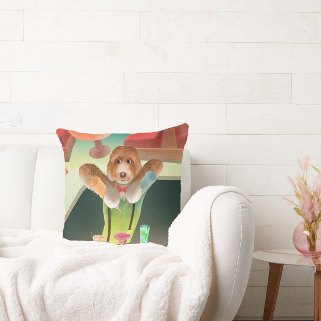 Bartending Dog in Retro Bar Throw Pillow (Couch)