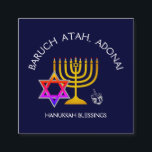 BARUCH ATAH ADONAI | Hanukkah Blessing Prayer Square Business Card<br><div class="desc">Stylish, elegant Prayer Card for your HANUKKAH season. Design shows a gold coloured MENORAH with multicolored STAR OF DAVID and silver grey DREIDEL. At the top there is curved text which says BARUCH ATAH, ADONAI (Blessed are You, O God) and underneath the text reads HANUKKAH BLESSINGS. On the reverse, the...</div>