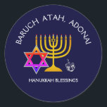 BARUCH ATAH ADONAI | Hanukkah Blessings Classic Round Sticker<br><div class="desc">Stylish, modern HANUKKAH stickers. Design shows a gold coloured MENORAH with multicolored STAR OF DAVID and silver grey DREIDEL. At the top there is curved text which says BARUCH ATAH, ADONAI (Blessed are You, O God) and underneath the text reads HANUKKAH BLESSINGS. ALL TEXT IS CUSTOMIZABLE, so you can personalize...</div>