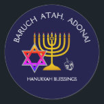 BARUCH ATAH ADONAI | Hanukkah Blessings Classic Round Sticker<br><div class="desc">Stylish, modern HANUKKAH stickers. Design shows a gold coloured MENORAH with multicolored STAR OF DAVID and silver grey DREIDEL. At the top there is curved text which says BARUCH ATAH, ADONAI (Blessed are You, O God) and underneath the text reads HANUKKAH BLESSINGS. ALL TEXT IS CUSTOMIZABLE, so you can personalize...</div>