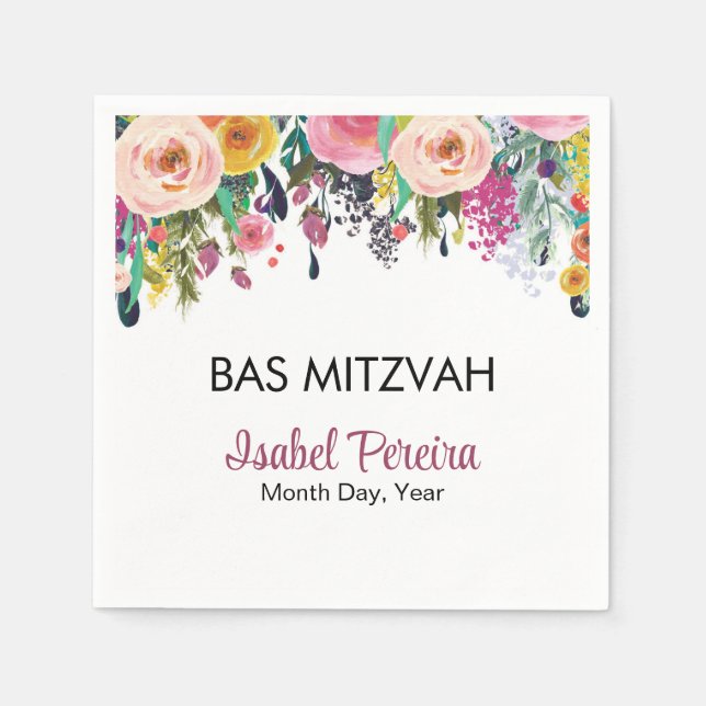 Bas Mitzvah Floral Napkins Personalized (Front)
