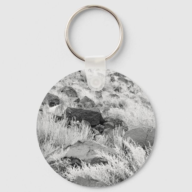 Basalt Lava Rocks in Desert, Black and White Photo Keychain (Front)
