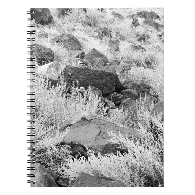 Basalt Lava Rocks in Desert, Black and White Photo Notebook (Front)