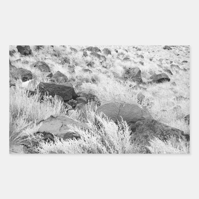Basalt Lava Rocks in Desert, Black and White Photo Sticker (Front)