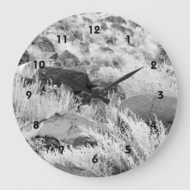 Basalt Lava Rocks Southwest Black and White Photo Large Clock (Front)