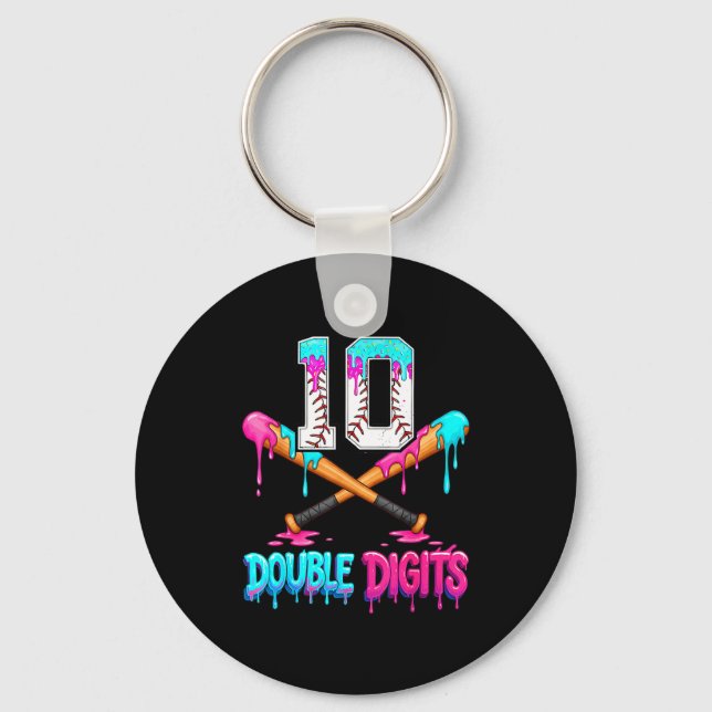 Baseball 10 Year Old Ice Cream Drip 10th Bday Doub Keychain (Front)