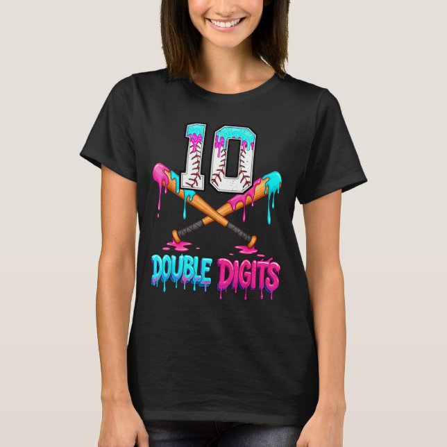 Baseball 10 Year Old Ice Cream Drip 10th Bday Doub T-Shirt (Front)