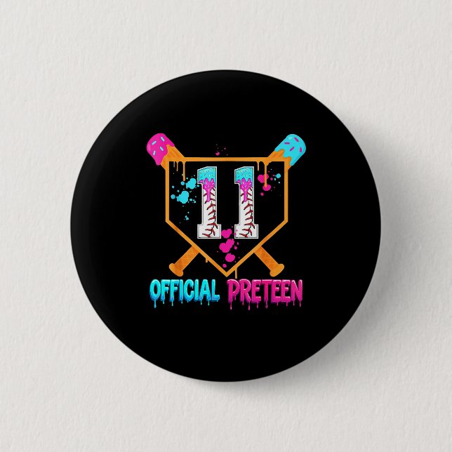 Baseball 11 Year Old Ice Cream Drip 11th Birthday  2 Inch Round Button (Front)