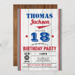 Baseball 18th birthday invitation. Rustic wood Invitation<br><div class="desc">Any Age - you may edit the number as you like.
You may move and resize the text tail to fit your name.
Rustic wood background for a chic yet classy invitation for adult or children.
Red and blue colour theme.</div>