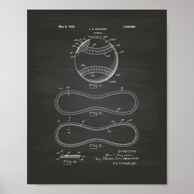 Baseball 1928 Patent Art - Chalkboard Poster (Front)