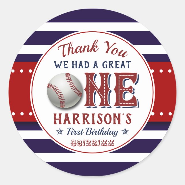 Baseball 1st Birthday Favour Classic Round Sticker (Front)