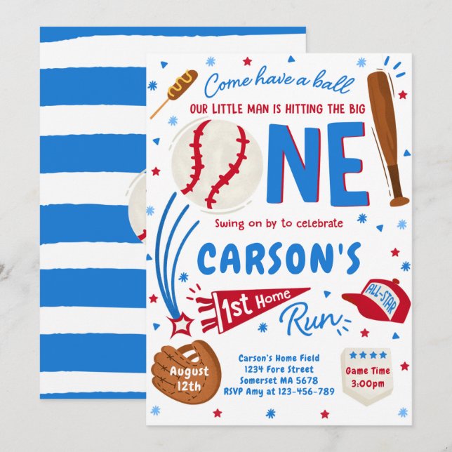 Baseball 1st Home Run Birthday Party Invitation (Front/Back)