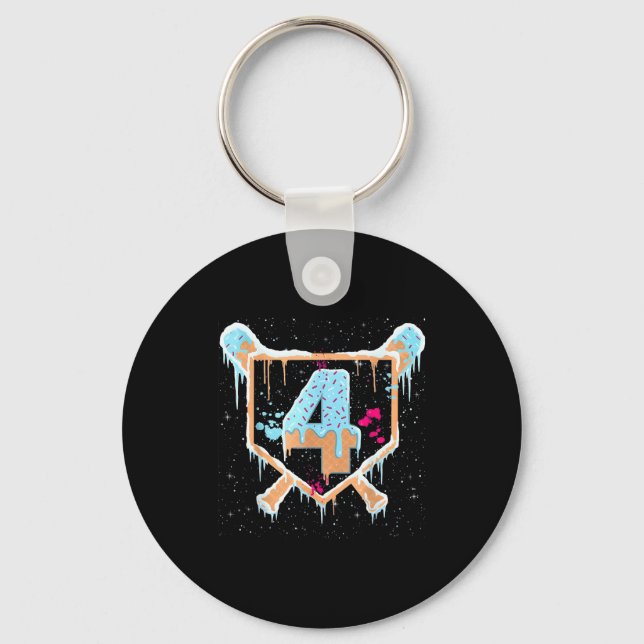 Baseball 4 Year Old Ice Cream Drip 4th Birthday Bo Keychain (Front)