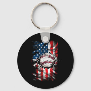 Baseball 4th Of July Usa American Flag Men Boys Keychain
