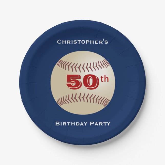 Baseball, 50th Birthday Party, Name, Blue Paper Plate (Front)