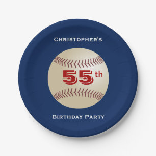 Baseball, 55th Birthday Party, Name, Blue Paper Plate