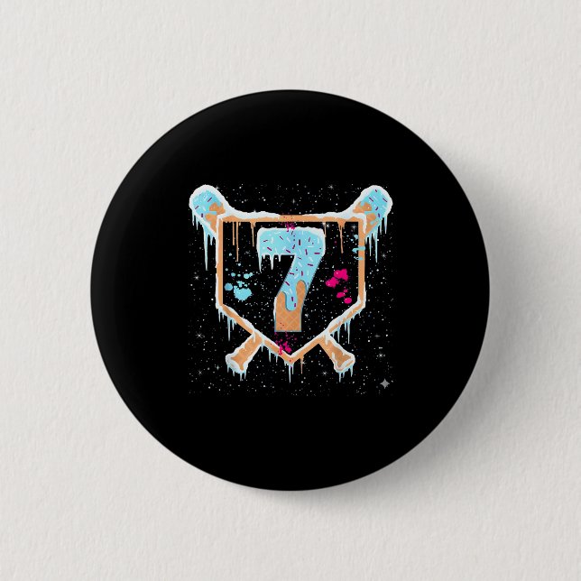 Baseball 7 Year Old Ice Cream Drip 7th Birthday Bo 2 Inch Round Button (Front)