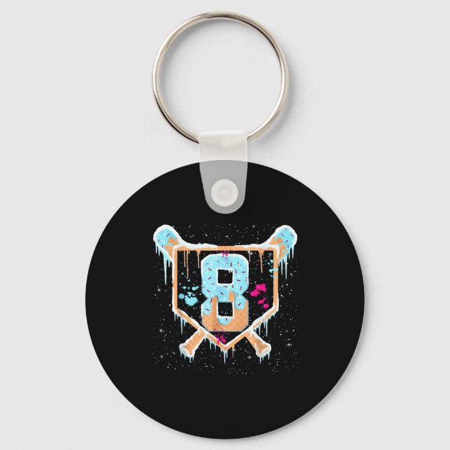 Baseball 8 Year Old Ice Cream Drip 8th Birthday Bo Keychain (Front)