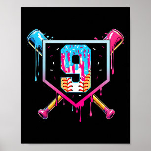 Baseball 9 Year Old Ice Cream Drip 9th Birthday Bo Poster