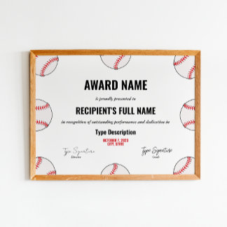 Baseball Achievement Award Certificate - Instant  Poster