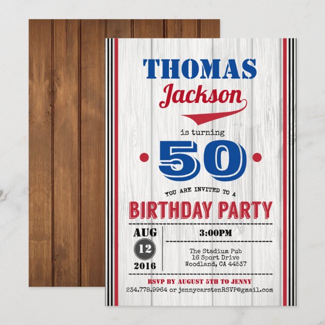 Baseball adult 50th birthday invitation. Rustic Invitation (Front/Back)