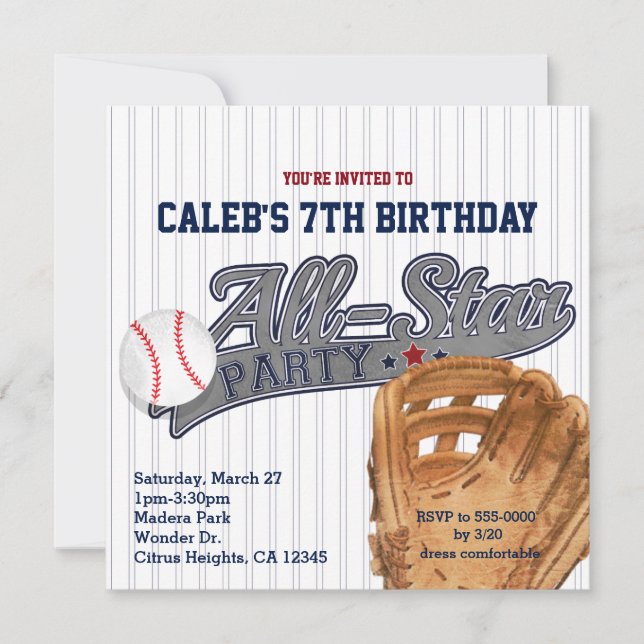 Baseball All Star Sports Striped Birthday Party Invitation (Front)