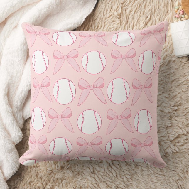 Baseball and Bows Pink Girly Nursery Throw Pillow (Blanket)