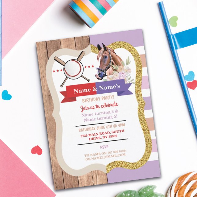 Baseball and Horse Joint Boy Girl Birthday Invites (Creator Uploaded)