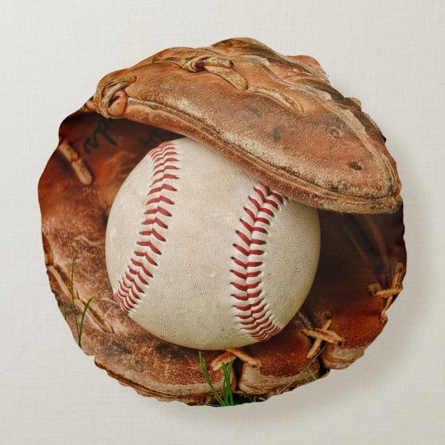 Baseball and Old Mitt in the Summer Grass Round Pillow (Back)