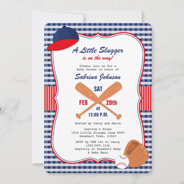Baseball Baby Shower Invitation Blue Red Gingham (Front)
