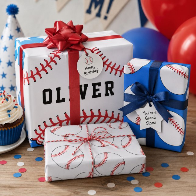 Baseball Ball Blue Pattern Kids Name Birthday  Wrapping Paper Sheet (Creator Uploaded)