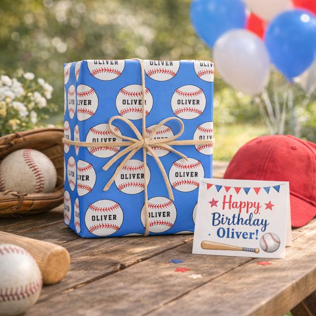 Baseball Ball Blue Pattern Kids Name  Wrapping Paper Sheet (Creator Uploaded)