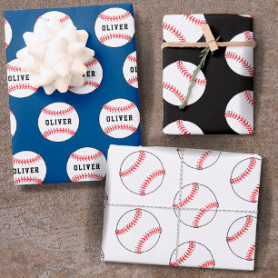 Baseball Ball Blue Pattern Kids Name  Wrapping Paper Sheet