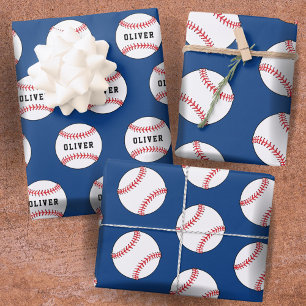 Baseball Ball Blue Pattern Kids Name Wrapping Paper Sheet