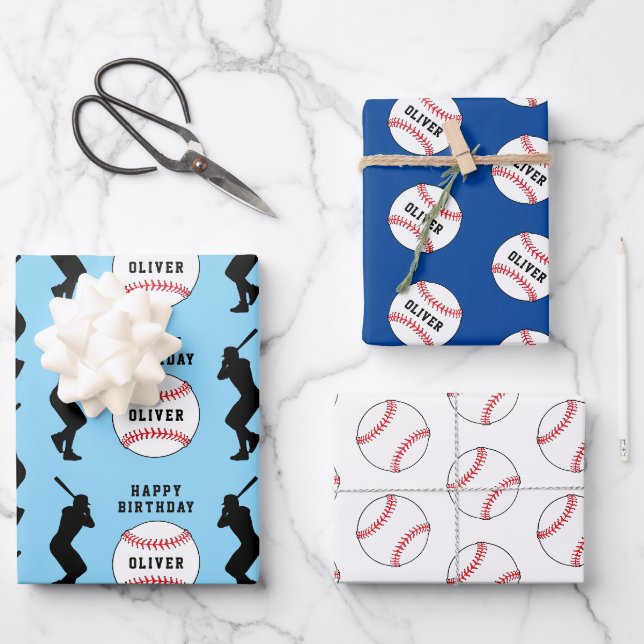 Baseball Ball Blue Sports Player Kids Name Wrapping Paper Sheet (Front)
