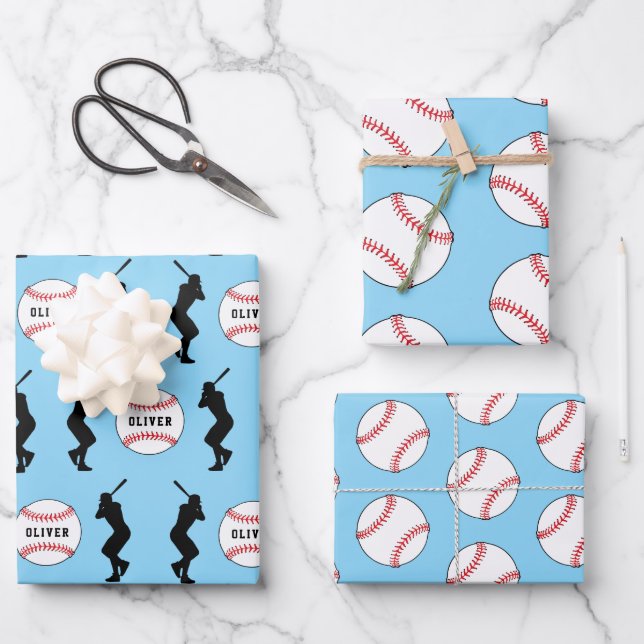 Baseball Ball Blue Sports Player Kids Name Wrapping Paper Sheet (Front)