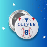 Baseball Ball Bunting Flags Kids Birthday  2 Inch Round Button<br><div class="desc">Baseball Ball Bunting Flags Kids Birthday button. The design has baseball and bunting flags in red,  white and blue colours. Add your name and age.</div>