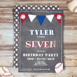 Baseball Ball Chalkboard Sports Kids Birthday  Invitation<br><div class="desc">Baseball Ball Chalkboard Sports Kids Birthday Invitation. Cute baseball birthday party card. The design has baseball balls and bunting flags in red, white and blue colours on a chalkboard background. Personalize this birthday invite with a child`s name, age and personalize all the data on the invitation. Great as a birthday...</div>