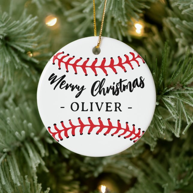 Baseball Ball Custom Name Merry Christmas Ceramic Ornament (Tree)