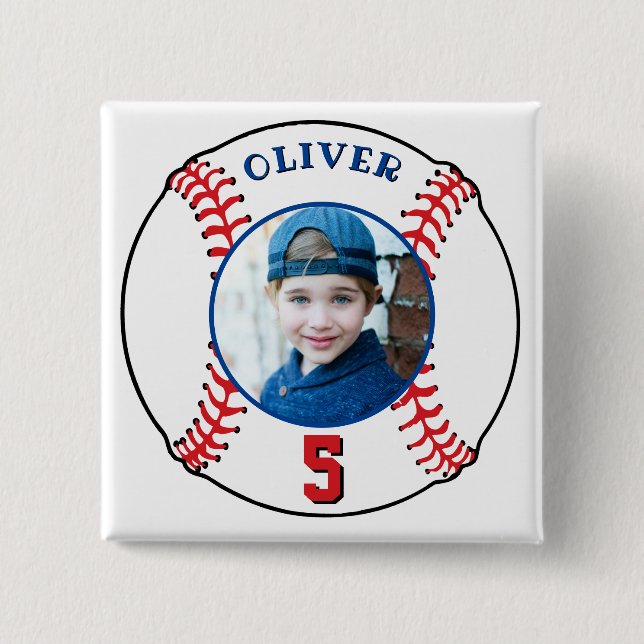 Baseball Ball Kids Birthday Photo 2 Inch Square Button (Front)