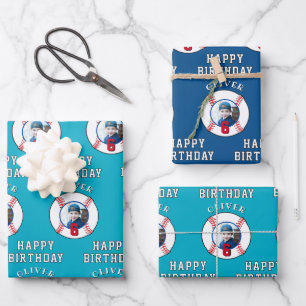 Baseball Ball Kids Birthday Photo Wrapping Paper Sheet