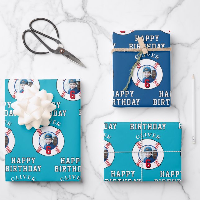 Baseball Ball Kids Birthday Photo Wrapping Paper Sheet (Front)