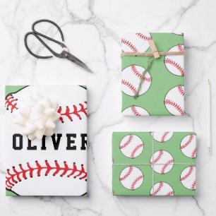 Baseball Ball Pattern Kids Name Birthday Wrapping Paper Sheet