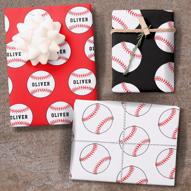 Baseball Ball Pattern Kids Name Birthday Wrapping  Paper Sheet (Creator Uploaded)
