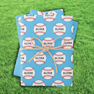Baseball Ball Pattern Kids Name Birthday Wrapping  Paper Sheet