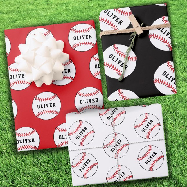 Baseball Ball Pattern Kids Name Birthday Wrapping  Paper Sheet (Creator Uploaded)