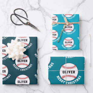 Baseball Ball Pattern Kids Name Merry Christmas Wrapping Paper Sheet