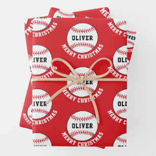 Baseball Ball Pattern Kids Name Merry Christmas Wrapping Paper Sheet