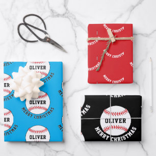 Baseball Ball Pattern Kids Name Merry Christmas Wrapping Paper Sheet