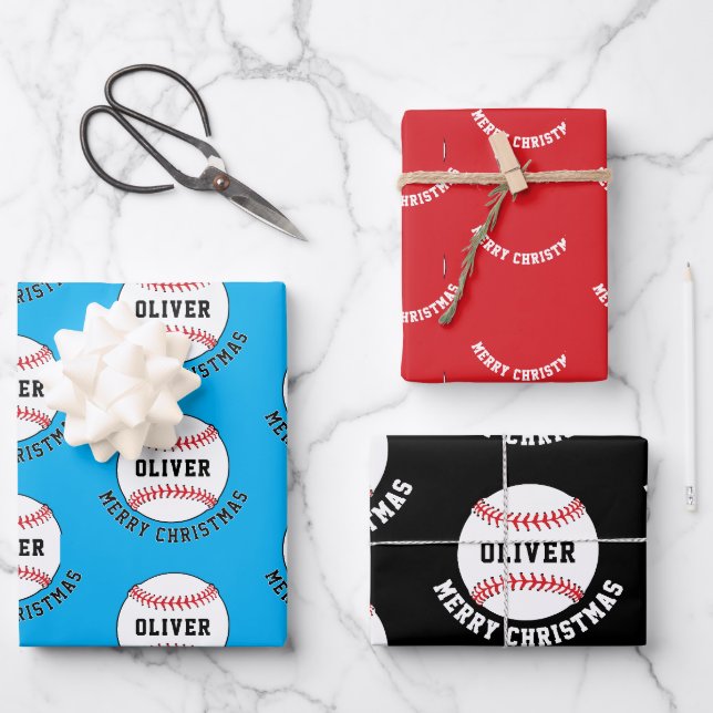 Baseball Ball Pattern Kids Name Merry Christmas Wrapping Paper Sheet (Front)